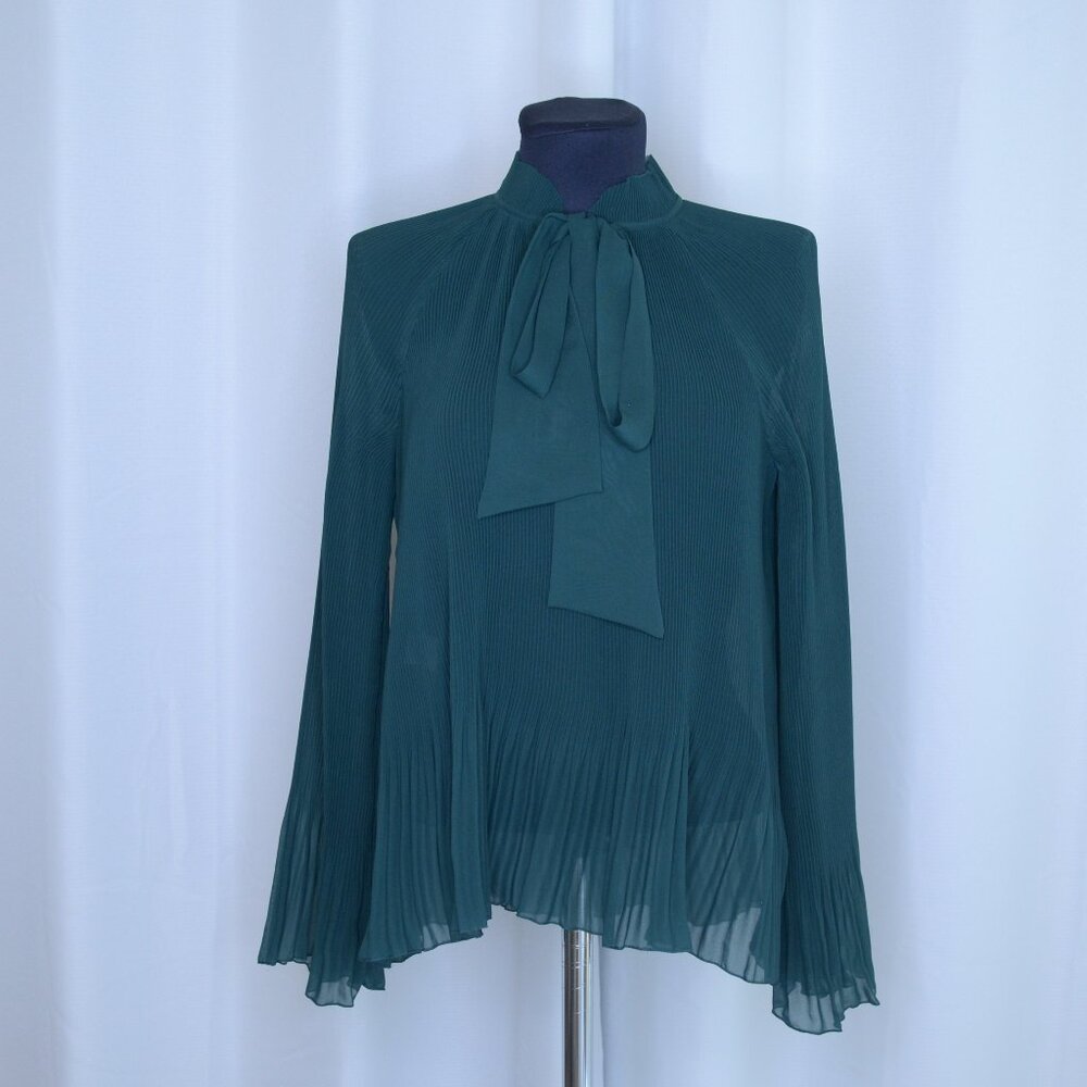 Derek Lam Micro Pleat Semi Sheer Tie Neck Green Blouse Sz 0